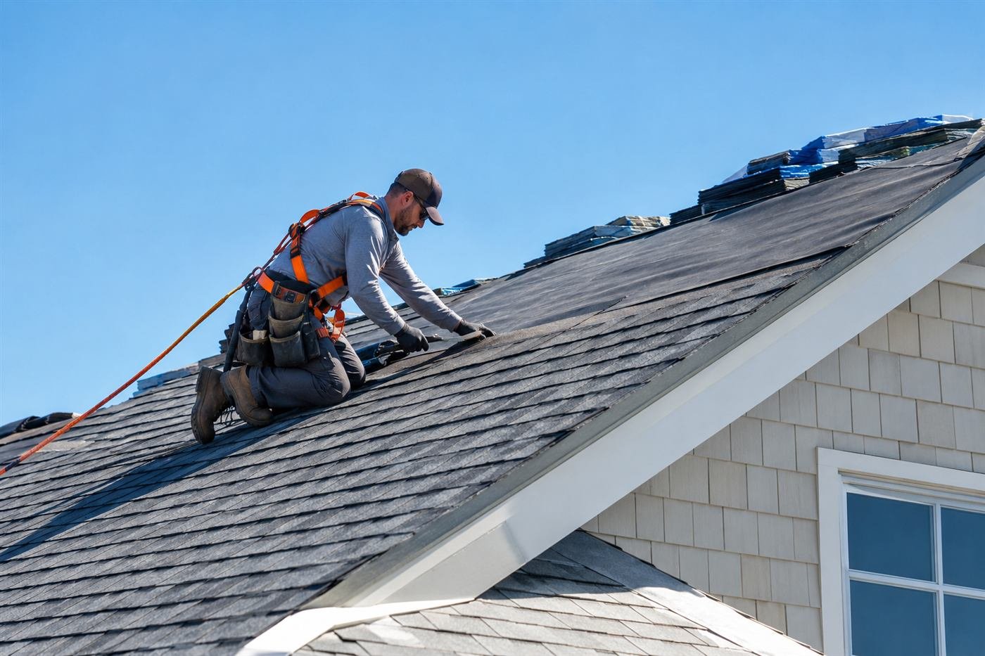 Roofer installing shingles under a clear blue sky