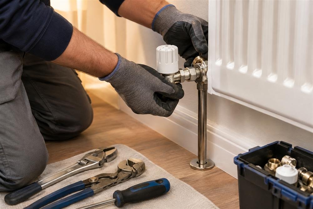 Plumber fitting a new radiator valve