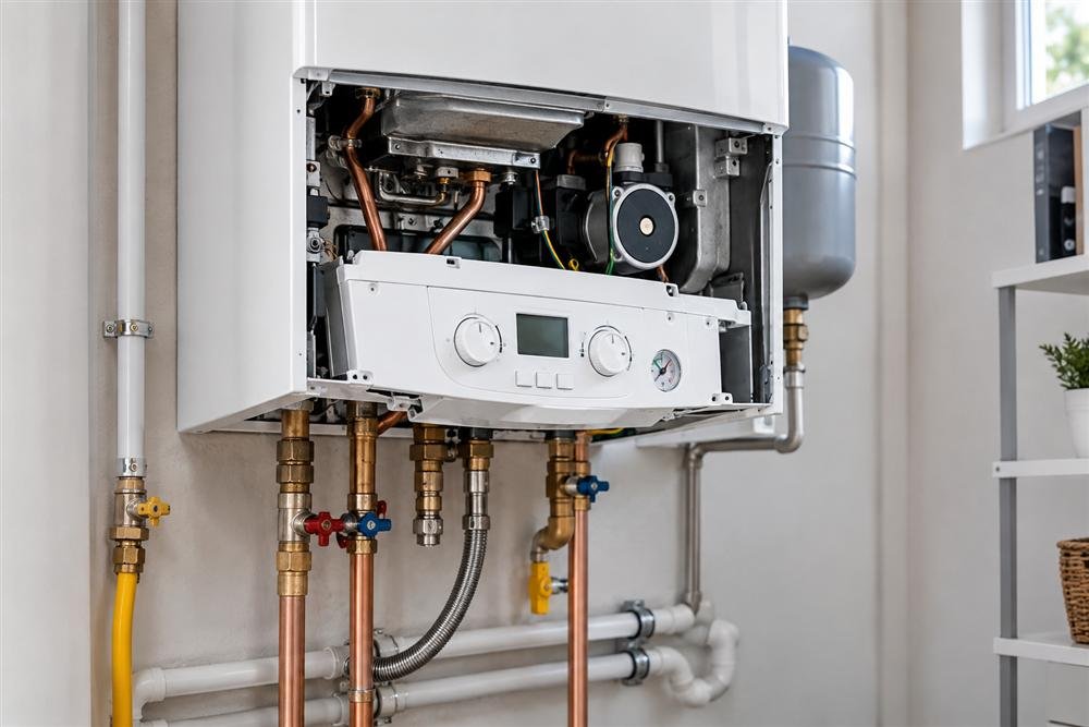 Close-up of a serviced combi boiler