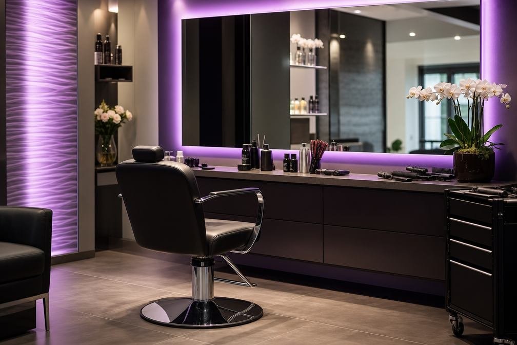 Modern salon styling chair with violet accent lighting