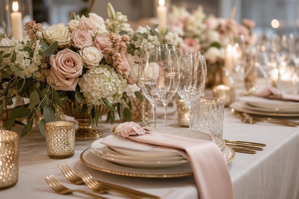 Elegant wedding reception table setting with candles and blush florals
