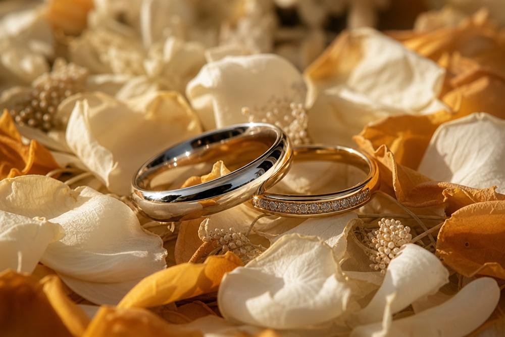 Two wedding rings resting on amber and cream flower petals
